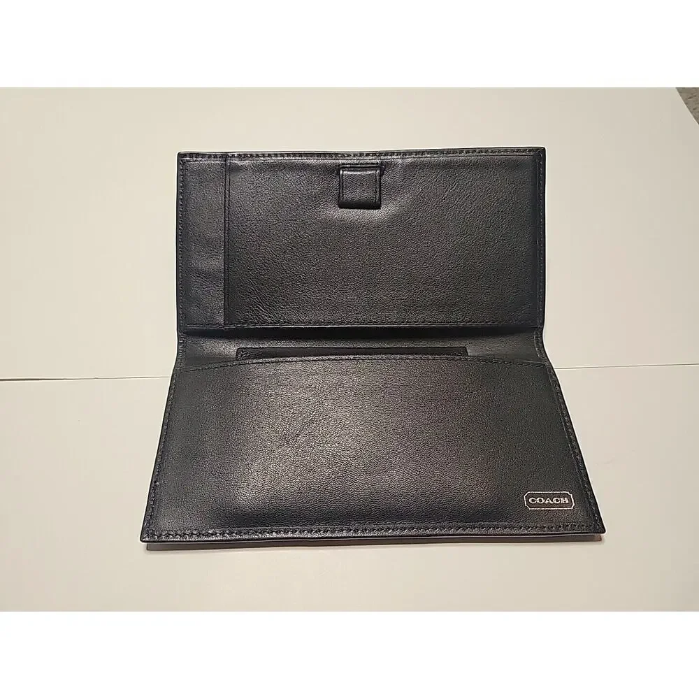 COACH Black Leather Checkbook Holder Wallet Card Case Long Bifold Set